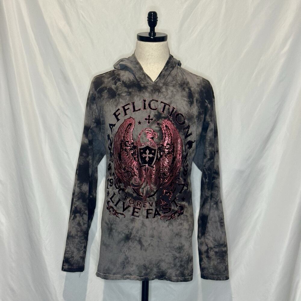 Affliction Hoodie Mens XXL Black Tie Dye Live Fast Eagle Shield Y2K Grunge Goth